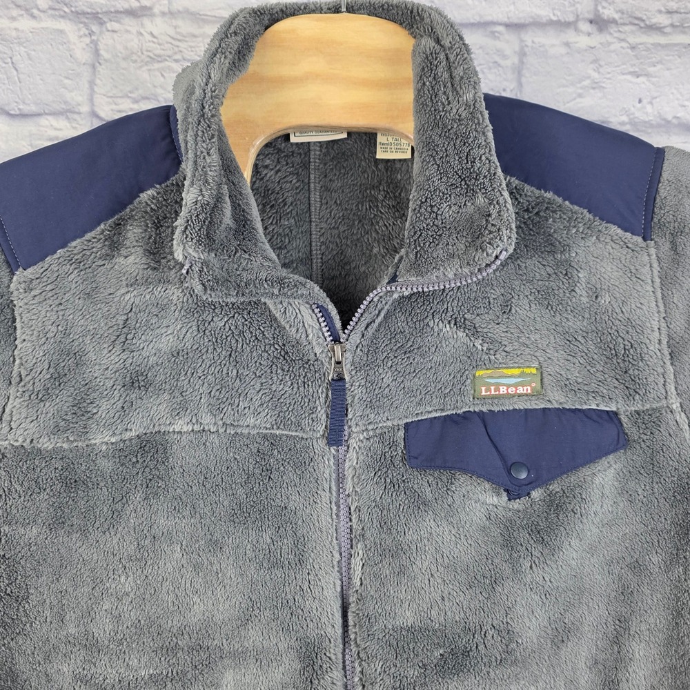 LL Bean Mens Hi-Pile Fleece Full Zip Jacket Gray Navy Blue Pockets Sz Large Tall